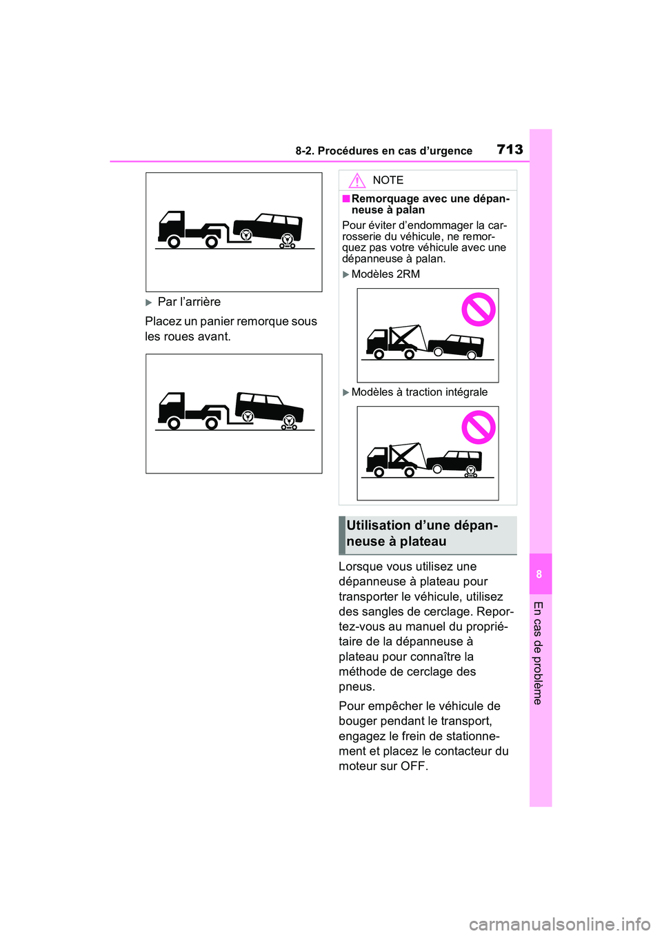 TOYOTA RAV4 2021 Manuel du propriétaire (in French) 7138-2. Procédures en cas d’urgence
8
En cas de problème
Par l’arrière
Placez un panier remorque sous
les roues avant.
Lorsque vous utilisez une
dépanneuse à plateau pour
transporter le TOYOTA RAV4 2021 Manuel du propriétaire (in French) 7138-2. Procédures en cas d’urgence
8
En cas de problème
Par l’arrière
Placez un panier remorque sous
les roues avant.
Lorsque vous utilisez une
dépanneuse à plateau pour
transporter le