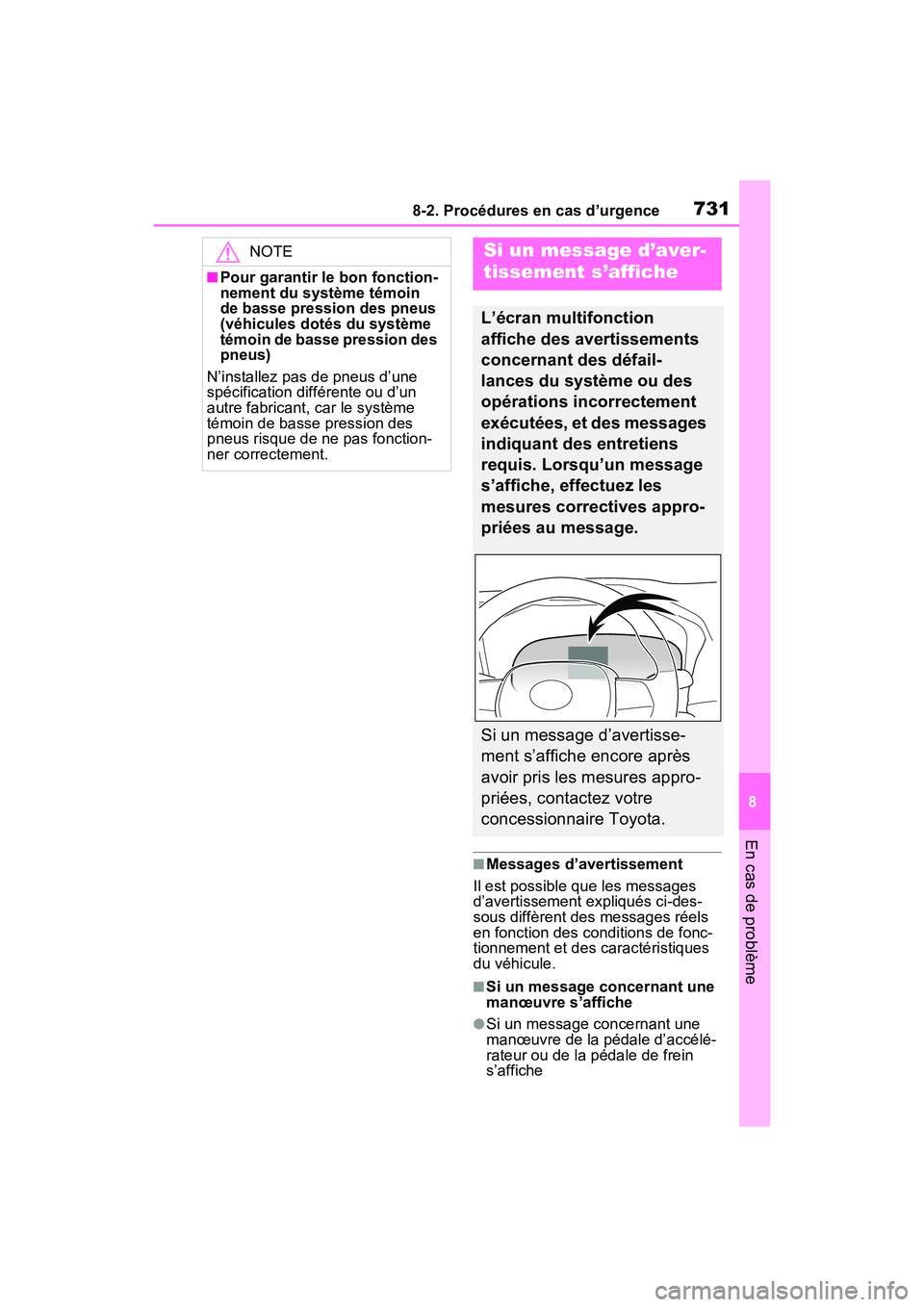 TOYOTA RAV4 2021 Manuel du propriétaire (in French) 7318-2. Procédures en cas d’urgence
8
En cas de problème
■Messages d’avertissement
Il est possible que les messages
d’avertissement expliqués ci-des-
sous diffèrent des messages réels
e TOYOTA RAV4 2021 Manuel du propriétaire (in French) 7318-2. Procédures en cas d’urgence
8
En cas de problème
■Messages d’avertissement
Il est possible que les messages
d’avertissement expliqués ci-des-
sous diffèrent des messages réels
e