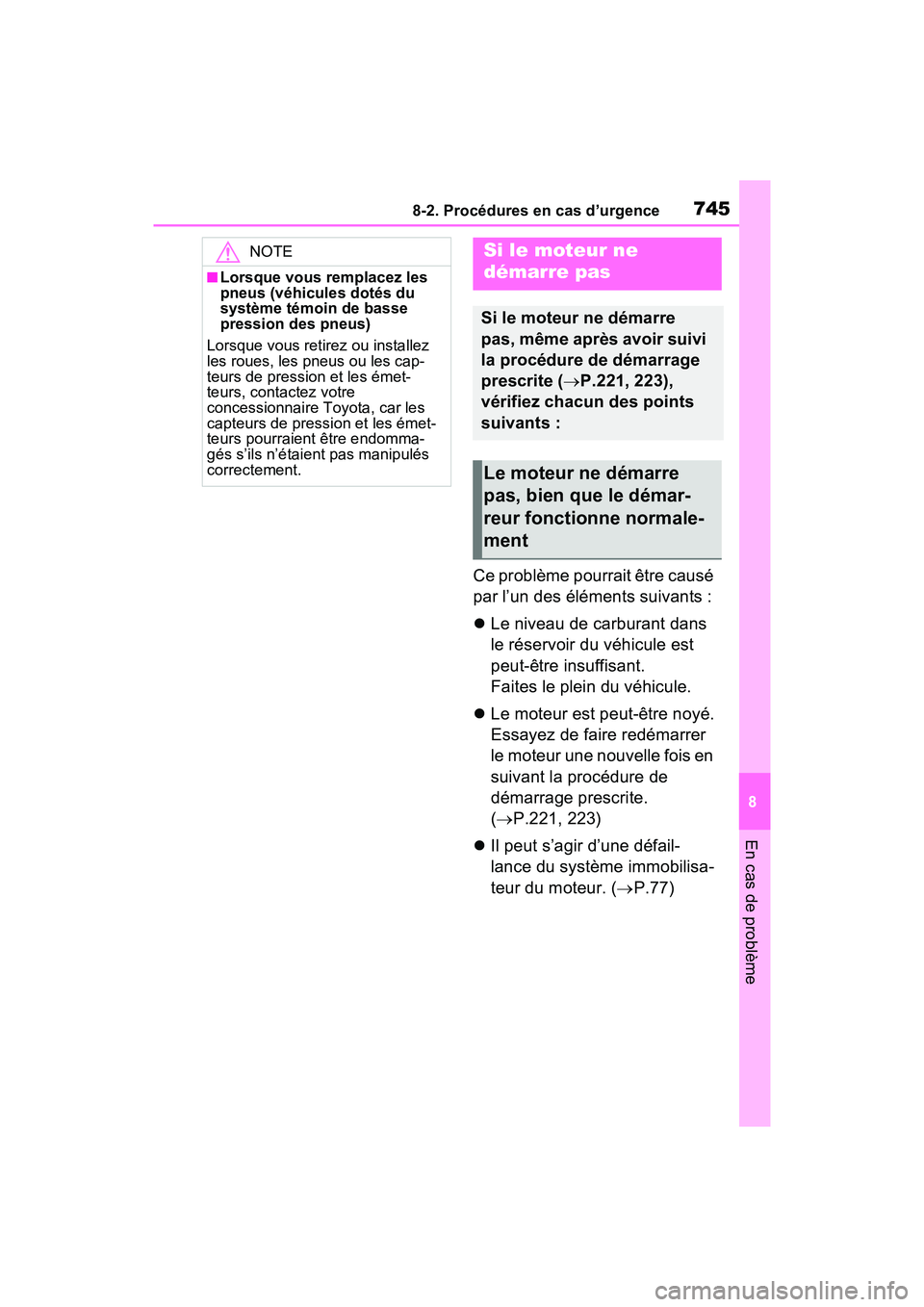 TOYOTA RAV4 2021  Manuel du propriétaire (in French) 7458-2. Procédures en cas d’urgence
8
En cas de problème
Ce problème pourrait être causé 
par l’un des éléments suivants :
Le niveau de carburant dans 
le réservoir du véhicule est 
pe