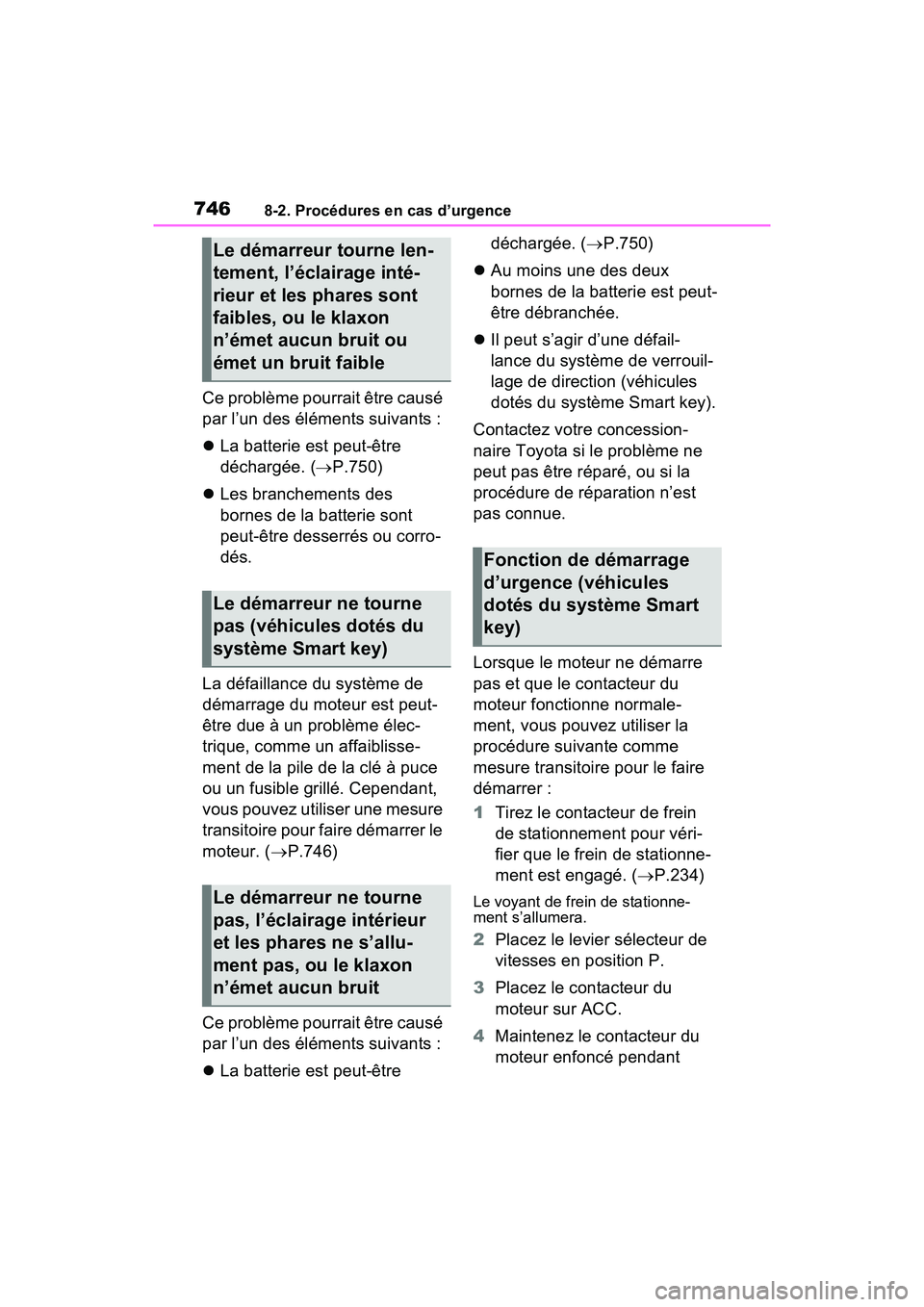 TOYOTA RAV4 2021  Manuel du propriétaire (in French) 7468-2. Procédures en cas d’urgence
Ce problème pourrait être causé 
par l’un des éléments suivants :
La batterie est peut-être 
déchargée. ( P.750)
 Les branchements des 
bornes