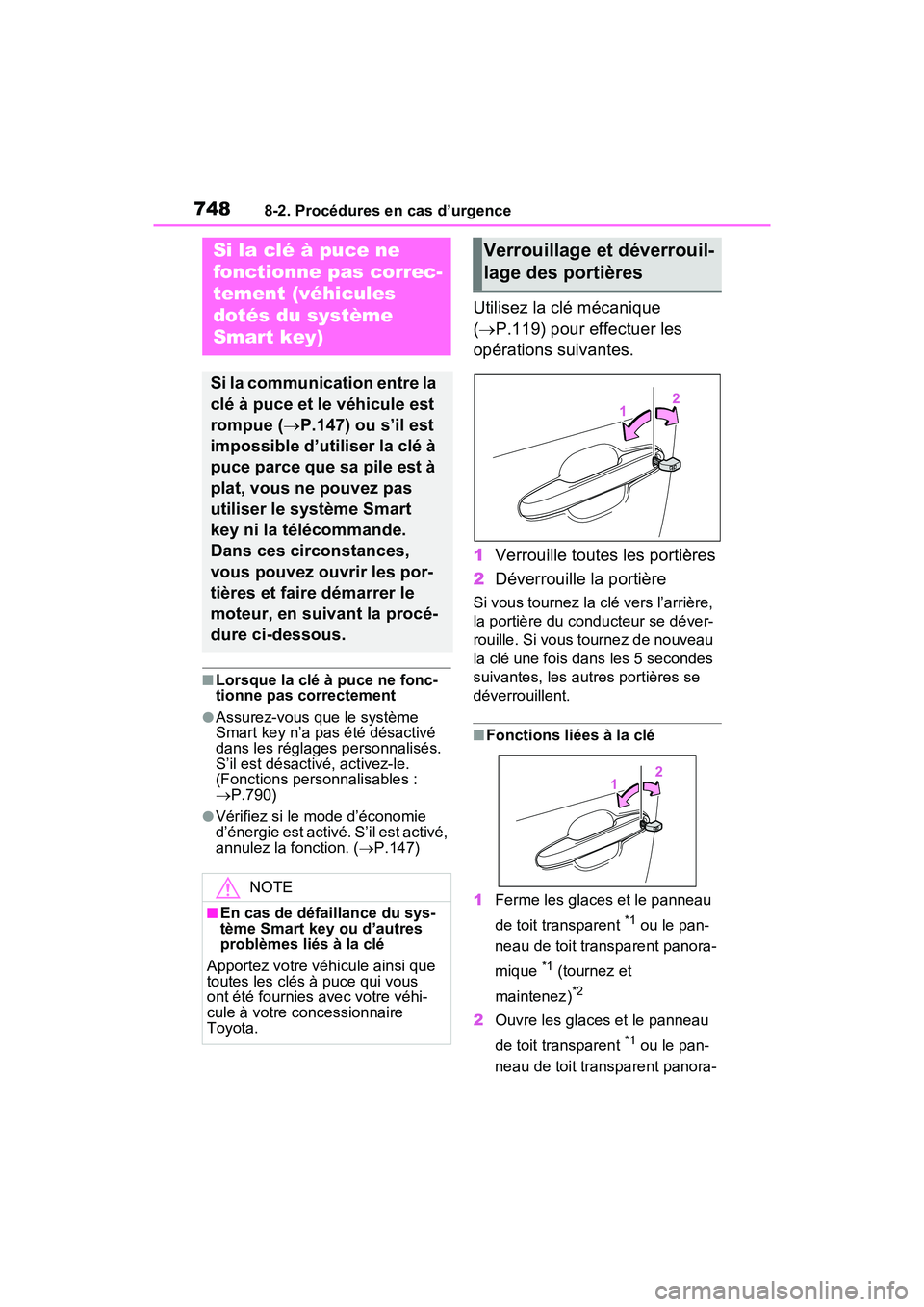 TOYOTA RAV4 2021  Manuel du propriétaire (in French) 7488-2. Procédures en cas d’urgence
■Lorsque la clé à puce ne fonc-
tionne pas correctement
●Assurez-vous que le système 
Smart key n’a pas été désactivé 
dans les réglages personnali