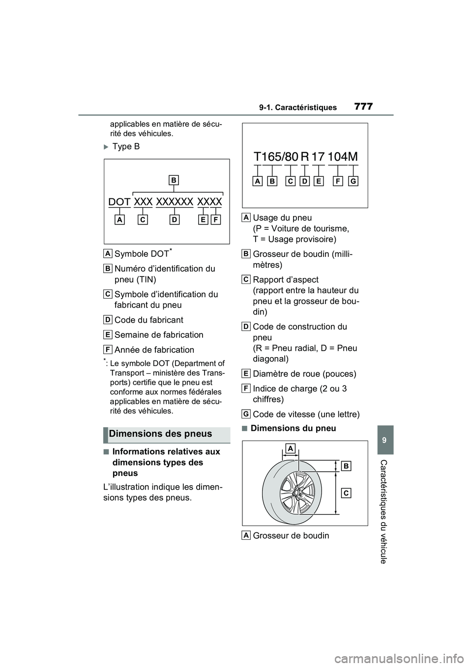 TOYOTA RAV4 2021 Manuel du propriétaire (in French) 7779-1. Caractéristiques
9
Caractéristiques du véhicule
applicables en matière de sécu-
rité des véhicules.
Type BSymbole DOT
*
Numéro d’identification du
pneu (TIN)
Symbole d’identifi TOYOTA RAV4 2021 Manuel du propriétaire (in French) 7779-1. Caractéristiques
9
Caractéristiques du véhicule
applicables en matière de sécu-
rité des véhicules.
Type BSymbole DOT
*
Numéro d’identification du
pneu (TIN)
Symbole d’identifi