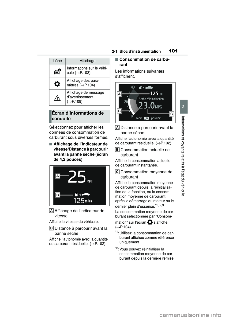 TOYOTA RAV4 2020  Manuel du propriétaire (in French) 1012-1. Bloc d’instrumentation
2
Informations et voyants relatifs à l’état du véhicule
Sélectionnez pour afficher les 
données de consommation de 
carburant sous diverses formes.
■Affichage