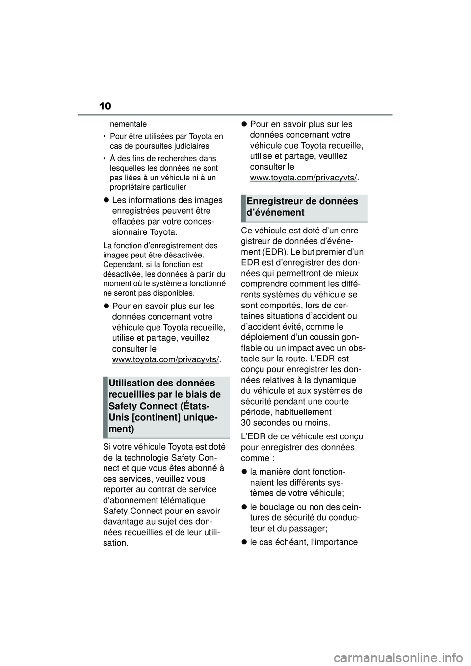 TOYOTA RAV4 2020 Manuel du propriétaire (in French) 10
nementale
• Pour être utilisées par Toyota en cas de poursuites judiciaires
• À des fins de recherches dans lesquelles les données ne sont
pas liées à un véhicule ni à un
propriéta TOYOTA RAV4 2020 Manuel du propriétaire (in French) 10
nementale
• Pour être utilisées par Toyota en cas de poursuites judiciaires
• À des fins de recherches dans lesquelles les données ne sont
pas liées à un véhicule ni à un
propriéta