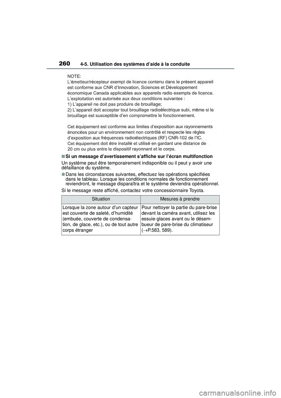 TOYOTA RAV4 2020 Manuel du propriétaire (in French) 2604-5. Utilisation des systèmes d’aide à la conduite
■Si un message d’avertissement s’affiche sur l’écran multifonction
Un système peut être temporairement indisponible ou il peut y av TOYOTA RAV4 2020 Manuel du propriétaire (in French) 2604-5. Utilisation des systèmes d’aide à la conduite
■Si un message d’avertissement s’affiche sur l’écran multifonction
Un système peut être temporairement indisponible ou il peut y av
