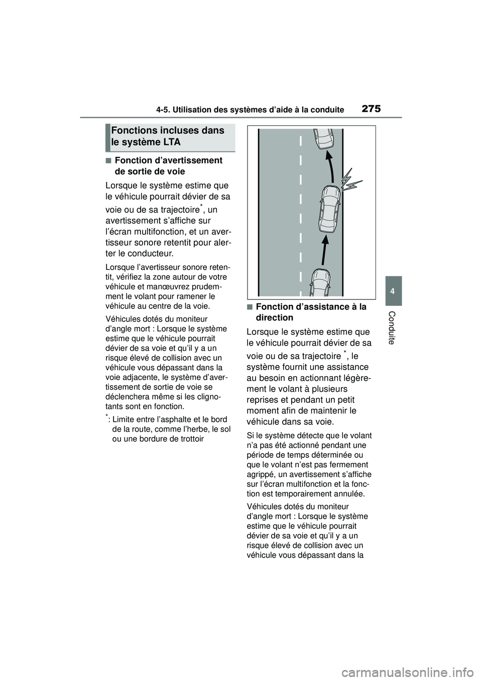 TOYOTA RAV4 2020 Manuel du propriétaire (in French) 2754-5. Utilisation des systèmes d’aide à la conduite
4
Conduite
■Fonction d’avertissement
de sortie de voie
Lorsque le système estime que
le véhicule pourrait dévier de sa
voie ou de sa TOYOTA RAV4 2020 Manuel du propriétaire (in French) 2754-5. Utilisation des systèmes d’aide à la conduite
4
Conduite
■Fonction d’avertissement
de sortie de voie
Lorsque le système estime que
le véhicule pourrait dévier de sa
voie ou de sa