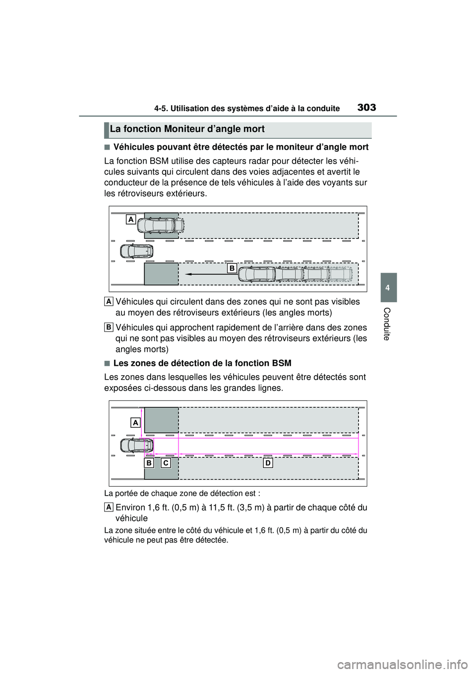 TOYOTA RAV4 2020 Manuel du propriétaire (in French) 3034-5. Utilisation des systèmes d’aide à la conduite
4
Conduite
■Véhicules pouvant être détectés par le moniteur d’angle mort
La fonction BSM utilise des capteurs radar pour détecter les TOYOTA RAV4 2020 Manuel du propriétaire (in French) 3034-5. Utilisation des systèmes d’aide à la conduite
4
Conduite
■Véhicules pouvant être détectés par le moniteur d’angle mort
La fonction BSM utilise des capteurs radar pour détecter les
