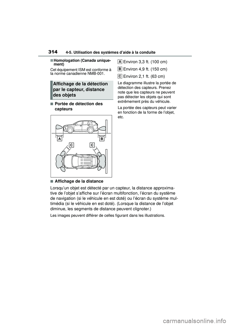 TOYOTA RAV4 2020 Manuel du propriétaire (in French) 3144-5. Utilisation des systèmes d’aide à la conduite
■Homologation (Canada unique-
ment)
Cet équipement ISM est conforme à
la norme canadienne NMB-001.
■Portée de détection des
capteurs TOYOTA RAV4 2020 Manuel du propriétaire (in French) 3144-5. Utilisation des systèmes d’aide à la conduite
■Homologation (Canada unique-
ment)
Cet équipement ISM est conforme à
la norme canadienne NMB-001.
■Portée de détection des
capteurs