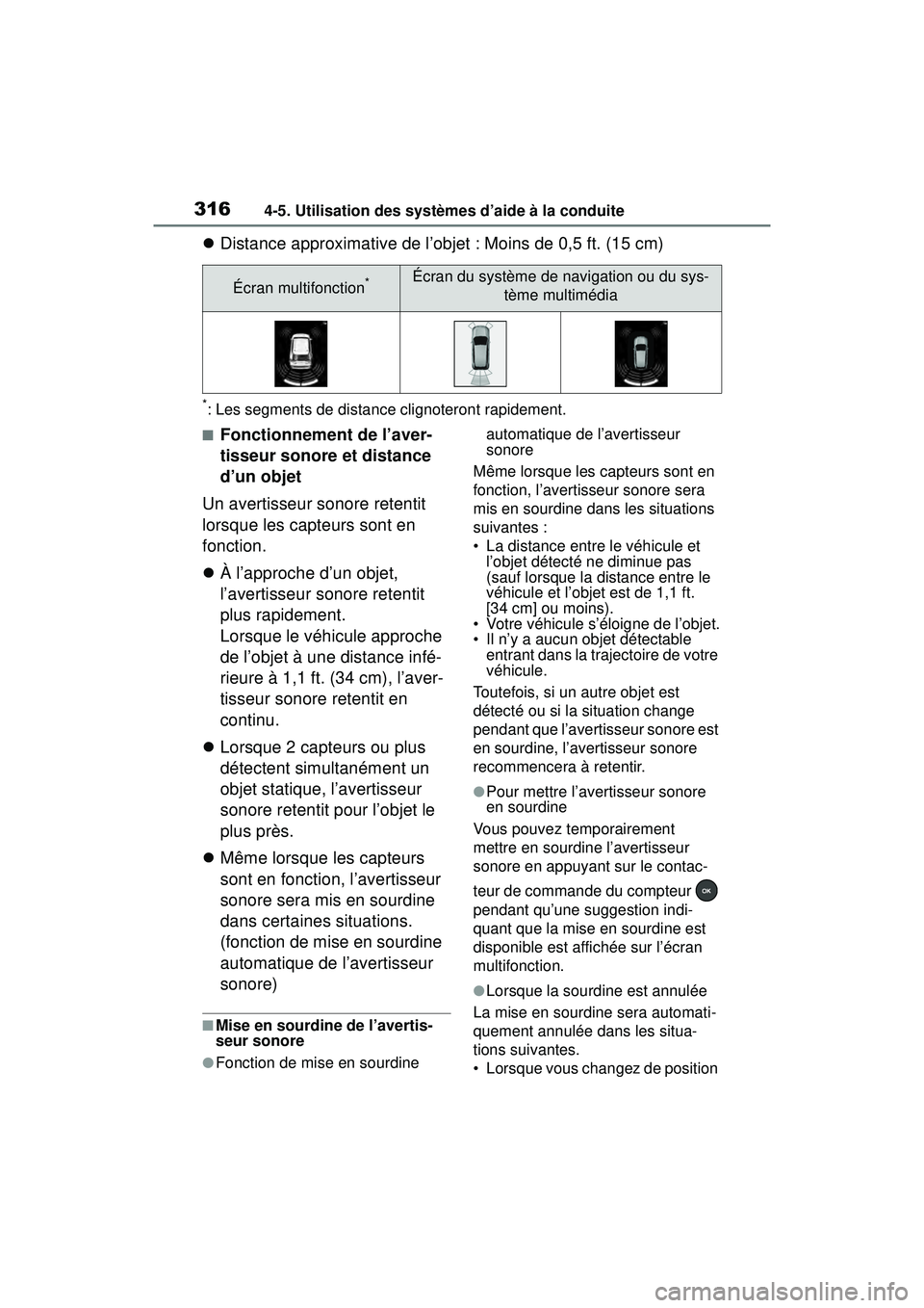 TOYOTA RAV4 2020 Manuel du propriétaire (in French) 3164-5. Utilisation des systèmes d’aide à la conduite
Distance approximative de l’objet : Moins de 0,5 ft. (15 cm)
*: Les segments de distance clignoteront rapidement.
■Fonctionnement de l TOYOTA RAV4 2020 Manuel du propriétaire (in French) 3164-5. Utilisation des systèmes d’aide à la conduite
Distance approximative de l’objet : Moins de 0,5 ft. (15 cm)
*: Les segments de distance clignoteront rapidement.
■Fonctionnement de l