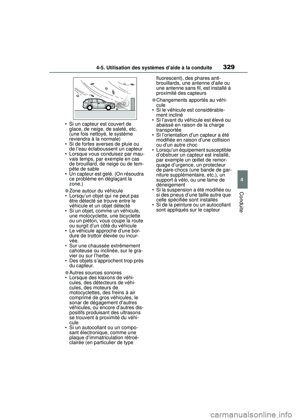 TOYOTA RAV4 2020  Manuel du propriétaire (in French) 3294-5. Utilisation des systèmes d’aide à la conduite
4
Conduite
• Si un capteur est couvert de glace, de neige, de saleté, etc. 
(une fois nettoyé, le système 
reviendra à la normale)
• S
