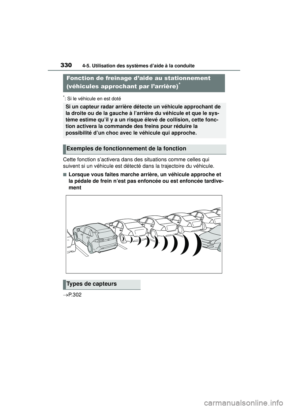 TOYOTA RAV4 2020  Manuel du propriétaire (in French) 3304-5. Utilisation des systèmes d’aide à la conduite
*: Si le véhicule en est doté
Cette fonction s’activera dans des situations comme celles qui 
suivent si un véhicule est détecté dans l