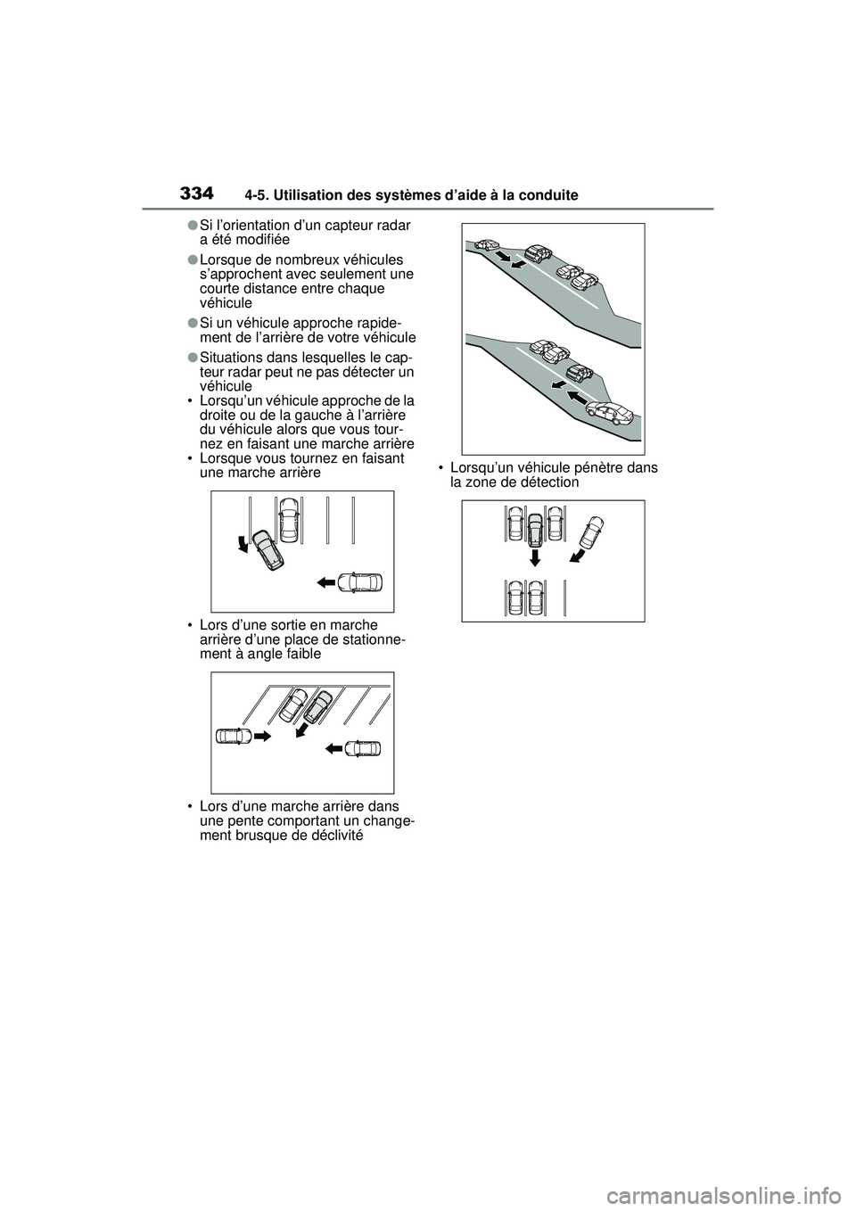 TOYOTA RAV4 2020  Manuel du propriétaire (in French) 3344-5. Utilisation des systèmes d’aide à la conduite
●Si l’orientation d’un capteur radar 
a été modifiée
●Lorsque de nombreux véhicules 
s’approchent avec seulement une 
courte dis