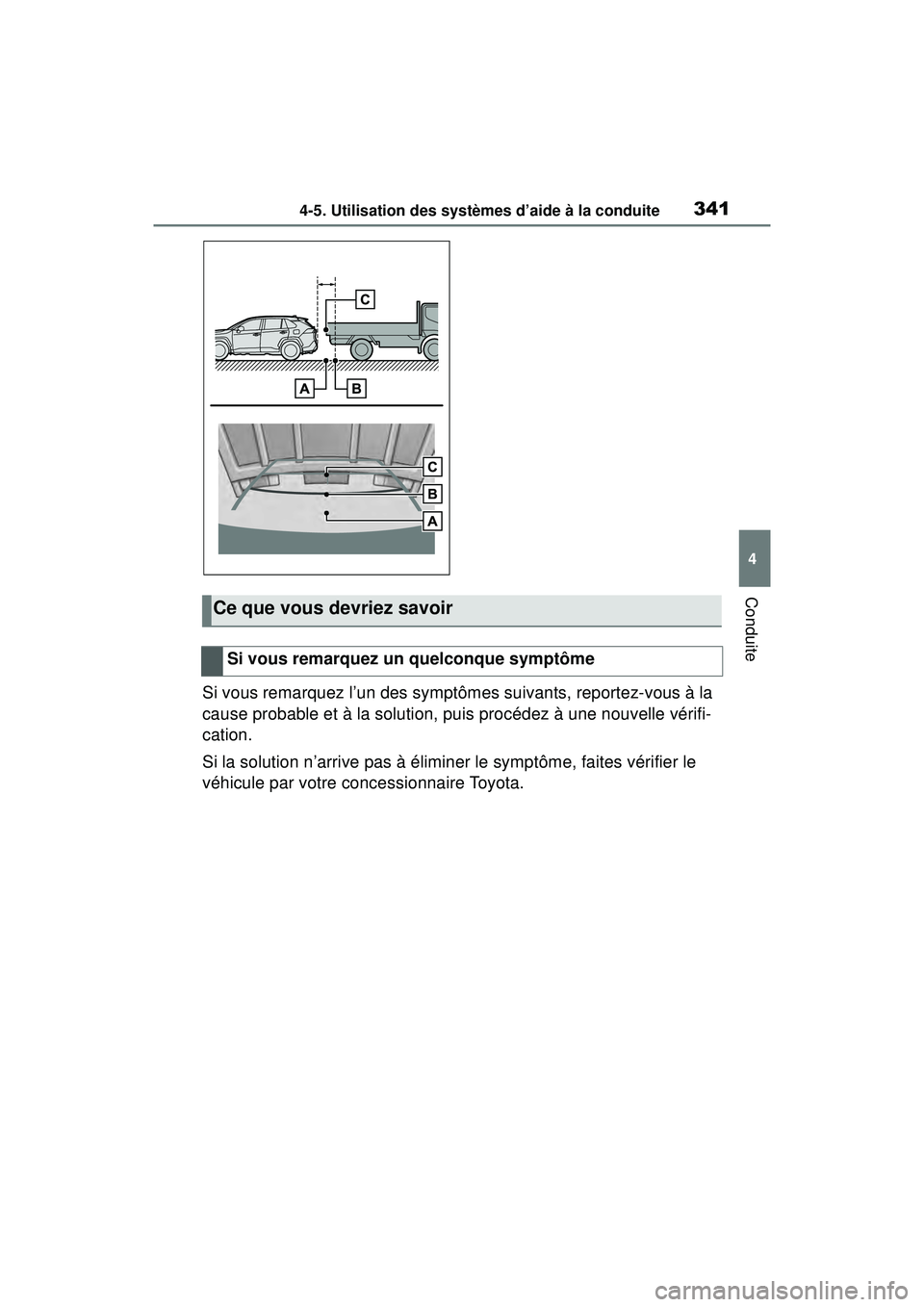 TOYOTA RAV4 2020 Manuel du propriétaire (in French) 3414-5. Utilisation des systèmes d’aide à la conduite
4
Conduite
Si vous remarquez l’un des symptômes suivants, reportez-vous à la
cause probable et à la solution, puis procédez à une nouv TOYOTA RAV4 2020 Manuel du propriétaire (in French) 3414-5. Utilisation des systèmes d’aide à la conduite
4
Conduite
Si vous remarquez l’un des symptômes suivants, reportez-vous à la
cause probable et à la solution, puis procédez à une nouv