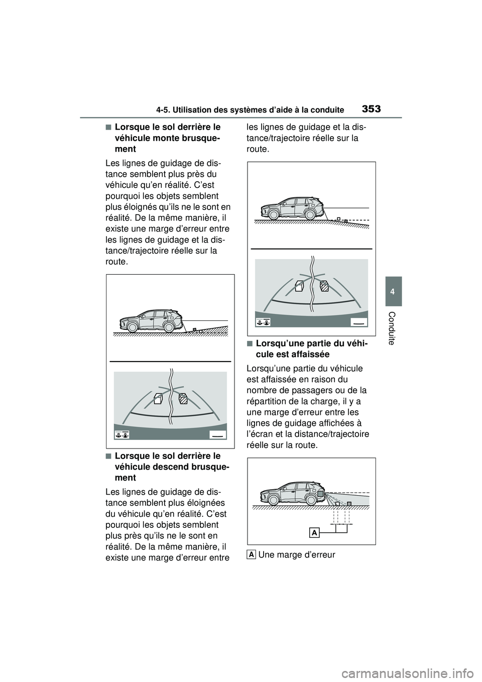 TOYOTA RAV4 2020 Manuel du propriétaire (in French) 3534-5. Utilisation des systèmes d’aide à la conduite
4
Conduite
■Lorsque le sol derrière le
véhicule monte brusque-
ment
Les lignes de guidage de dis-
tance semblent plus près du
véhicule TOYOTA RAV4 2020 Manuel du propriétaire (in French) 3534-5. Utilisation des systèmes d’aide à la conduite
4
Conduite
■Lorsque le sol derrière le
véhicule monte brusque-
ment
Les lignes de guidage de dis-
tance semblent plus près du
véhicule