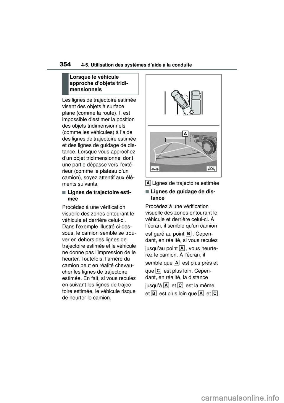 TOYOTA RAV4 2020 Manuel du propriétaire (in French) 3544-5. Utilisation des systèmes d’aide à la conduite
Les lignes de trajectoire estimée
visent des objets à surface
plane (comme la route). Il est
impossible d’estimer la position
des obje TOYOTA RAV4 2020 Manuel du propriétaire (in French) 3544-5. Utilisation des systèmes d’aide à la conduite
Les lignes de trajectoire estimée
visent des objets à surface
plane (comme la route). Il est
impossible d’estimer la position
des obje