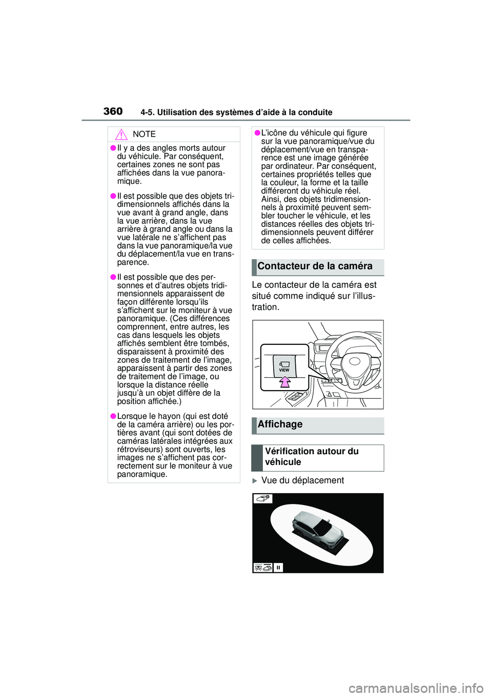 TOYOTA RAV4 2020 Manuel du propriétaire (in French) 3604-5. Utilisation des systèmes d’aide à la conduite
Le contacteur de la caméra est
situé comme indiqué sur l’illus-
tration.
Vue du déplacement
NOTE
●Il y a des angles morts autour
TOYOTA RAV4 2020 Manuel du propriétaire (in French) 3604-5. Utilisation des systèmes d’aide à la conduite
Le contacteur de la caméra est
situé comme indiqué sur l’illus-
tration.
Vue du déplacement
NOTE
●Il y a des angles morts autour