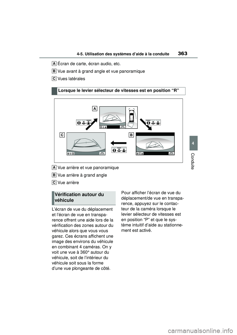TOYOTA RAV4 2020 Manuel du propriétaire (in French) 3634-5. Utilisation des systèmes d’aide à la conduite
4
Conduite
Écran de carte, écran audio, etc.
Vue avant à grand angle et vue panoramique
Vues latérales
Vue arrière et vue panoramique
Vue TOYOTA RAV4 2020 Manuel du propriétaire (in French) 3634-5. Utilisation des systèmes d’aide à la conduite
4
Conduite
Écran de carte, écran audio, etc.
Vue avant à grand angle et vue panoramique
Vues latérales
Vue arrière et vue panoramique
Vue