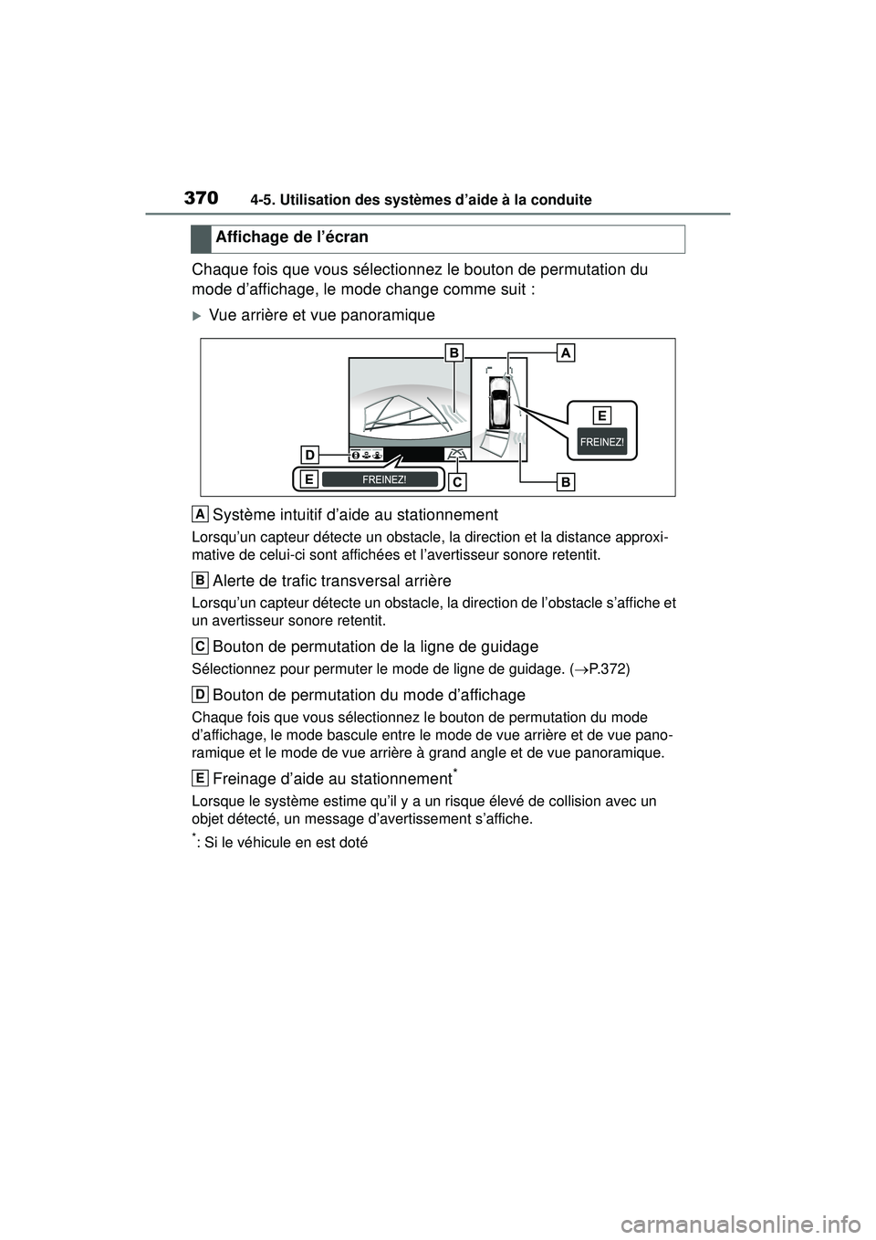 TOYOTA RAV4 2020  Manuel du propriétaire (in French) 3704-5. Utilisation des systèmes d’aide à la conduite
Chaque fois que vous sélectionnez le bouton de permutation du 
mode d’affichage, le mode change comme suit :
Vue arrière et vue panoram