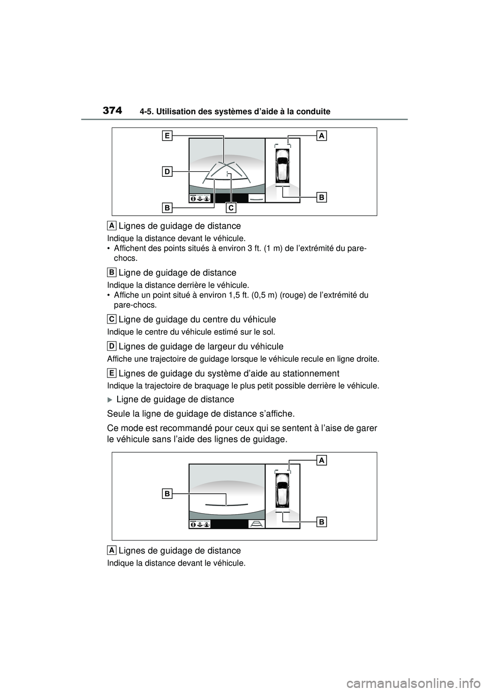 TOYOTA RAV4 2020  Manuel du propriétaire (in French) 3744-5. Utilisation des systèmes d’aide à la conduite
Lignes de guidage de distance
Indique la distance devant le véhicule.
• Affichent des points situés à environ 3 ft. (1 m) de l’extrémi