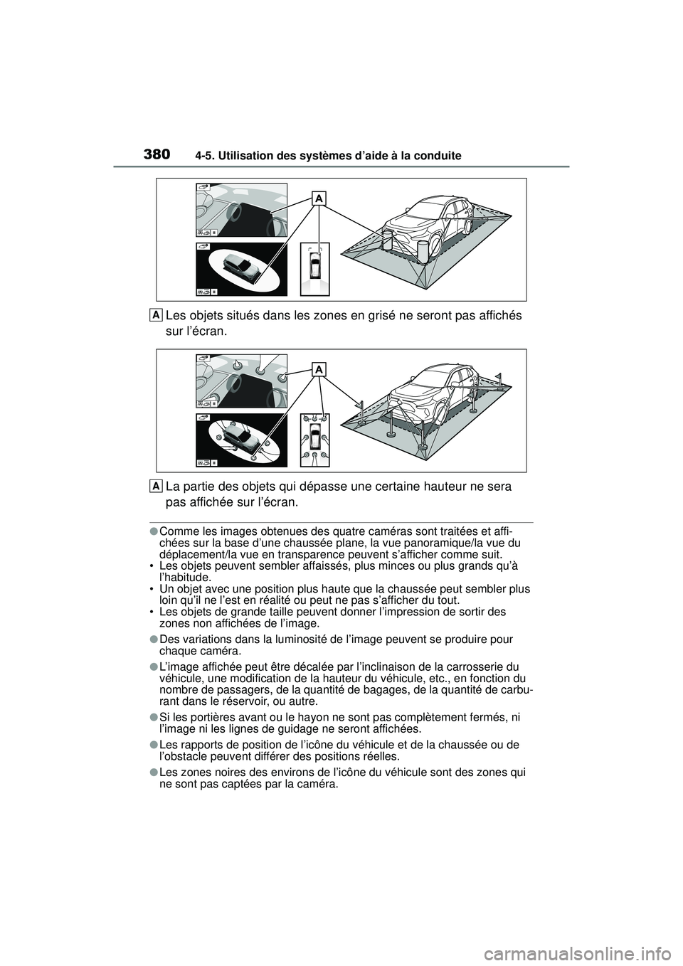 TOYOTA RAV4 2020 Manuel du propriétaire (in French) 3804-5. Utilisation des systèmes d’aide à la conduite
Les objets situés dans les zones en grisé ne seront pas affichés
sur l’écran.
La partie des objets qui dépasse une certaine hauteur ne TOYOTA RAV4 2020 Manuel du propriétaire (in French) 3804-5. Utilisation des systèmes d’aide à la conduite
Les objets situés dans les zones en grisé ne seront pas affichés
sur l’écran.
La partie des objets qui dépasse une certaine hauteur ne