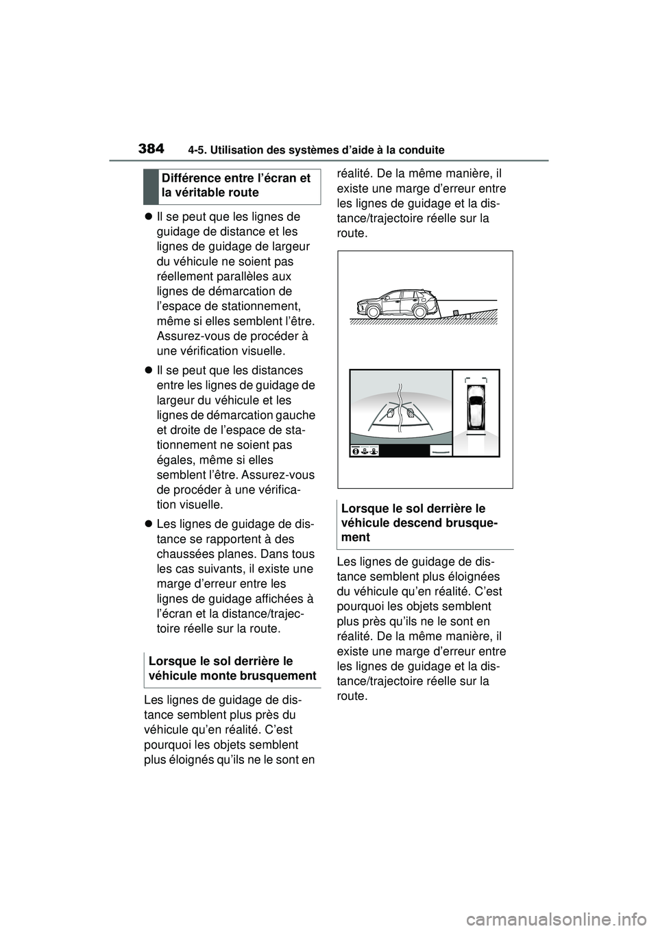 TOYOTA RAV4 2020 Manuel du propriétaire (in French) 3844-5. Utilisation des systèmes d’aide à la conduite
Il se peut que les lignes de
guidage de distance et les
lignes de guidage de largeur
du véhicule ne soient pas
réellement parallèles TOYOTA RAV4 2020 Manuel du propriétaire (in French) 3844-5. Utilisation des systèmes d’aide à la conduite
Il se peut que les lignes de
guidage de distance et les
lignes de guidage de largeur
du véhicule ne soient pas
réellement parallèles