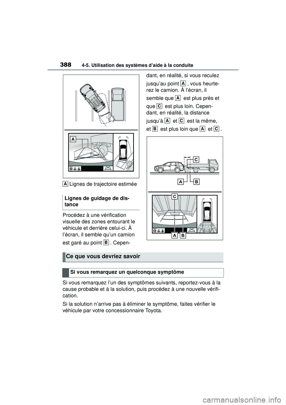TOYOTA RAV4 2020 Manuel du propriétaire (in French) 3884-5. Utilisation des systèmes d’aide à la conduite
Lignes de trajectoire estimée
Procédez à une vérification
visuelle des zones entourant le
véhicule et derrière celui-ci. À
l’écra TOYOTA RAV4 2020 Manuel du propriétaire (in French) 3884-5. Utilisation des systèmes d’aide à la conduite
Lignes de trajectoire estimée
Procédez à une vérification
visuelle des zones entourant le
véhicule et derrière celui-ci. À
l’écra