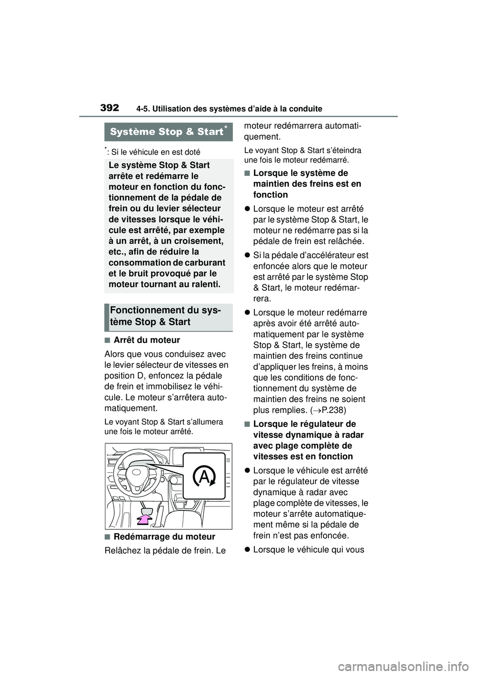 TOYOTA RAV4 2020  Manuel du propriétaire (in French) 3924-5. Utilisation des systèmes d’aide à la conduite
*: Si le véhicule en est doté
■Arrêt du moteur
Alors que vous conduisez avec 
le levier sélecteur de vitesses en 
position D, enfoncez l