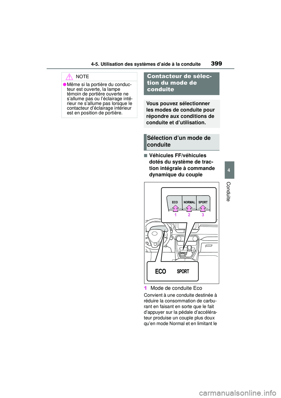 TOYOTA RAV4 2020 Manuel du propriétaire (in French) 3994-5. Utilisation des systèmes d’aide à la conduite
4
Conduite
■Véhicules FF/véhicules
dotés du système de trac-
tion intégrale à commande
dynamique du couple
1 Mode de conduite Eco
Co TOYOTA RAV4 2020 Manuel du propriétaire (in French) 3994-5. Utilisation des systèmes d’aide à la conduite
4
Conduite
■Véhicules FF/véhicules
dotés du système de trac-
tion intégrale à commande
dynamique du couple
1 Mode de conduite Eco
Co