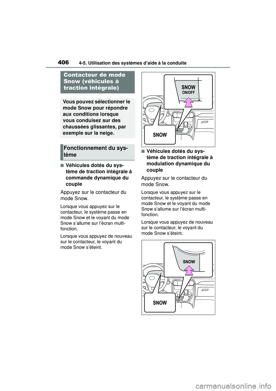 TOYOTA RAV4 2020 Manuel du propriétaire (in French) 4064-5. Utilisation des systèmes d’aide à la conduite
■Véhicules dotés du sys-
tème de traction intégrale à
commande dynamique du
couple
Appuyez sur le contacteur du
mode Snow.
Lorsque v TOYOTA RAV4 2020 Manuel du propriétaire (in French) 4064-5. Utilisation des systèmes d’aide à la conduite
■Véhicules dotés du sys-
tème de traction intégrale à
commande dynamique du
couple
Appuyez sur le contacteur du
mode Snow.
Lorsque v