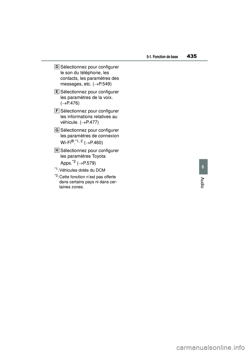 TOYOTA RAV4 2020 Manuel du propriétaire (in French) 4355-1. Fonction de base
5
Audio
Sélectionnez pour configurer
le son du téléphone, les
contacts, les paramètres des
messages, etc. (P.549)
Sélectionnez pour configurer
les paramètres de l TOYOTA RAV4 2020 Manuel du propriétaire (in French) 4355-1. Fonction de base
5
Audio
Sélectionnez pour configurer
le son du téléphone, les
contacts, les paramètres des
messages, etc. (P.549)
Sélectionnez pour configurer
les paramètres de l