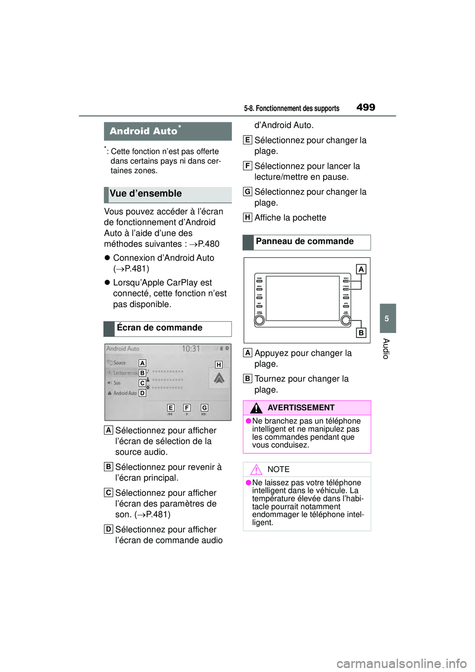 TOYOTA RAV4 2020 Manuel du propriétaire (in French) 4995-8. Fonctionnement des supports
5
Audio
*: Cette fonction n’est pas offerte dans certains pays ni dans cer-
taines zones.
Vous pouvez accéder à l’écran
de fonctionnement d’Android
Auto TOYOTA RAV4 2020 Manuel du propriétaire (in French) 4995-8. Fonctionnement des supports
5
Audio
*: Cette fonction n’est pas offerte dans certains pays ni dans cer-
taines zones.
Vous pouvez accéder à l’écran
de fonctionnement d’Android
Auto
