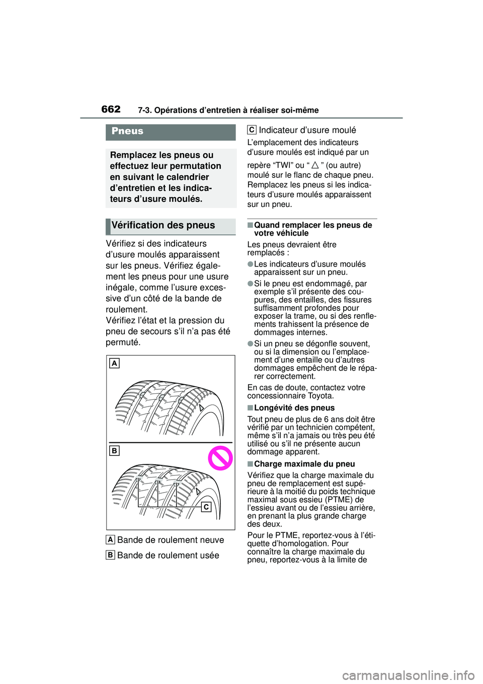 TOYOTA RAV4 2020 Manuel du propriétaire (in French) 6627-3. Opérations d’entretien à réaliser soi-même
Vérifiez si des indicateurs
d’usure moulés apparaissent
sur les pneus. Vérifiez égale-
ment les pneus pour une usure
inégale, comme l TOYOTA RAV4 2020 Manuel du propriétaire (in French) 6627-3. Opérations d’entretien à réaliser soi-même
Vérifiez si des indicateurs
d’usure moulés apparaissent
sur les pneus. Vérifiez égale-
ment les pneus pour une usure
inégale, comme l