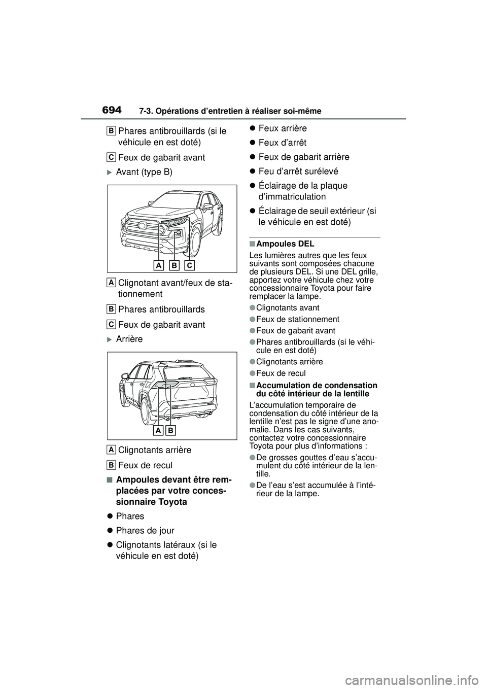 TOYOTA RAV4 2020 Manuel du propriétaire (in French) 6947-3. Opérations d’entretien à réaliser soi-même
Phares antibrouillards (si le
véhicule en est doté)
Feux de gabarit avant
Avant (type B)Clignotant avant/feux de sta-
tionnement
Phares a TOYOTA RAV4 2020 Manuel du propriétaire (in French) 6947-3. Opérations d’entretien à réaliser soi-même
Phares antibrouillards (si le
véhicule en est doté)
Feux de gabarit avant
Avant (type B)Clignotant avant/feux de sta-
tionnement
Phares a