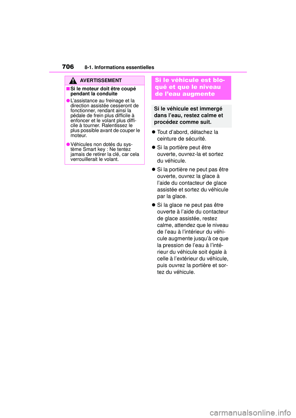 TOYOTA RAV4 2020 Manuel du propriétaire (in French) 7068-1. Informations essentielles
Tout d’abord, détachez la
ceinture de sécurité.
Si la portière peut être
ouverte, ouvrez-la et sortez
du véhicule.
Si la portière ne peut pas TOYOTA RAV4 2020 Manuel du propriétaire (in French) 7068-1. Informations essentielles
Tout d’abord, détachez la
ceinture de sécurité.
Si la portière peut être
ouverte, ouvrez-la et sortez
du véhicule.
Si la portière ne peut pas