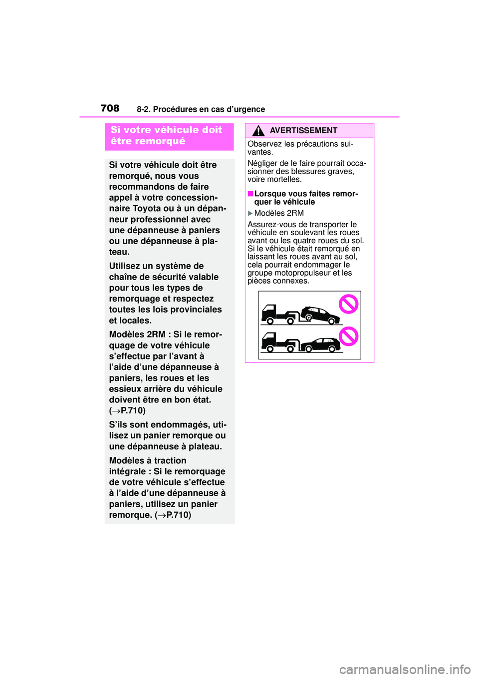 TOYOTA RAV4 2020 Manuel du propriétaire (in French) 7088-2. Procédures en cas d’urgence
8-2 .Procé dure s en cas d’urgence
Si votre véhicule doit
être remorqué
Si votre véhicule doit être
remorqué, nous vous
recommandons de faire
appel TOYOTA RAV4 2020 Manuel du propriétaire (in French) 7088-2. Procédures en cas d’urgence
8-2 .Procé dure s en cas d’urgence
Si votre véhicule doit
être remorqué
Si votre véhicule doit être
remorqué, nous vous
recommandons de faire
appel