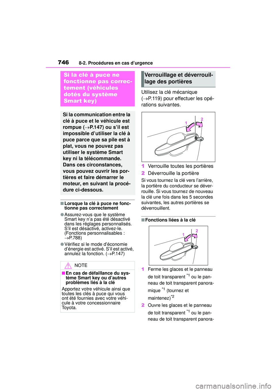 TOYOTA RAV4 2020 Manuel du propriétaire (in French) 7468-2. Procédures en cas d’urgence
■Lorsque la clé à puce ne fonc-
tionne pas correctement
●Assurez-vous que le système
Smart key n’a pas été désactivé
dans les réglages personnali TOYOTA RAV4 2020 Manuel du propriétaire (in French) 7468-2. Procédures en cas d’urgence
■Lorsque la clé à puce ne fonc-
tionne pas correctement
●Assurez-vous que le système
Smart key n’a pas été désactivé
dans les réglages personnali