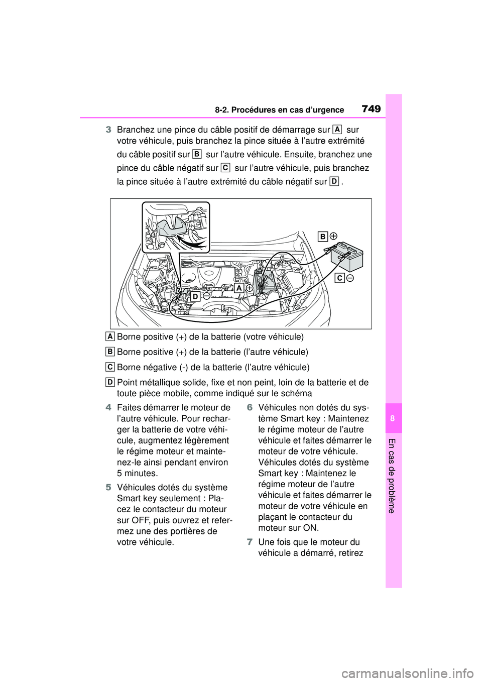 TOYOTA RAV4 2020  Manuel du propriétaire (in French) 7498-2. Procédures en cas d’urgence
8
En cas de problème
3Branchez une pince du câble positif de démarrage sur   sur 
votre véhicule, puis branchez la pince située à l’autre extrémité 
du