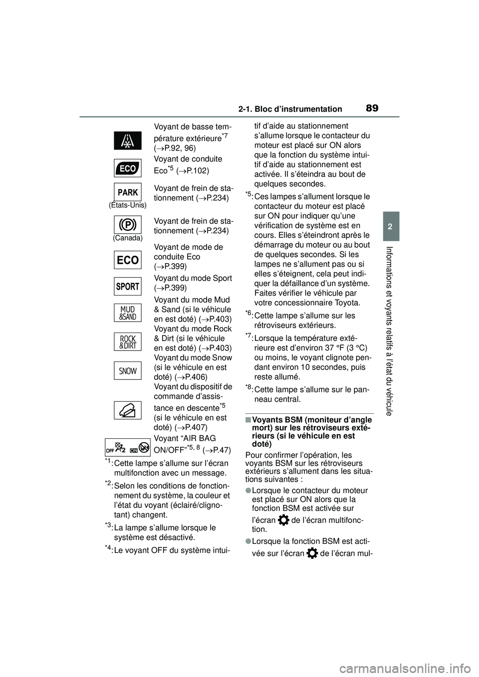 TOYOTA RAV4 2020 Manuel du propriétaire (in French) 892-1. Bloc d’instrumentation
2
Informations et voyants relatifs à l’état du véhicule
*1: Cette lampe s’allume sur l’écran multifonction avec un message.
*2: Selon les conditions de foncti TOYOTA RAV4 2020 Manuel du propriétaire (in French) 892-1. Bloc d’instrumentation
2
Informations et voyants relatifs à l’état du véhicule
*1: Cette lampe s’allume sur l’écran multifonction avec un message.
*2: Selon les conditions de foncti