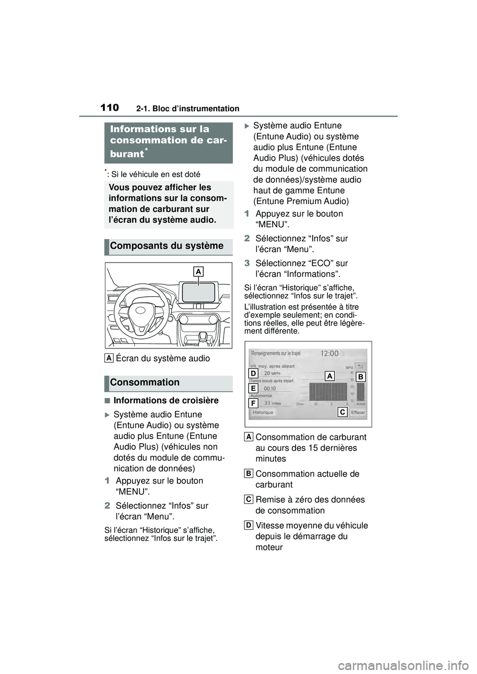 TOYOTA RAV4 2019 Manuel du propriétaire (in French) 1102-1. Bloc d’instrumentation
*: Si le véhicule en est doté
Écran du système audio
■Informations de croisière
Système audio Entune
(Entune Audio) ou système
audio plus Entune (Entune TOYOTA RAV4 2019 Manuel du propriétaire (in French) 1102-1. Bloc d’instrumentation
*: Si le véhicule en est doté
Écran du système audio
■Informations de croisière
Système audio Entune
(Entune Audio) ou système
audio plus Entune (Entune