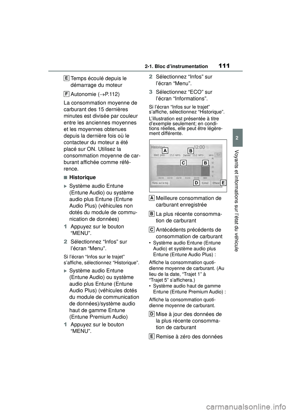 TOYOTA RAV4 2019 Manuel du propriétaire (in French) 1112-1. Bloc d’instrumentation
2
Voyants et informations sur l’état du véhicule
Temps écoulé depuis le
démarrage du moteur
Autonomie (P. 1 1 2 )
La consommation moyenne de
carburant des TOYOTA RAV4 2019 Manuel du propriétaire (in French) 1112-1. Bloc d’instrumentation
2
Voyants et informations sur l’état du véhicule
Temps écoulé depuis le
démarrage du moteur
Autonomie (P. 1 1 2 )
La consommation moyenne de
carburant des