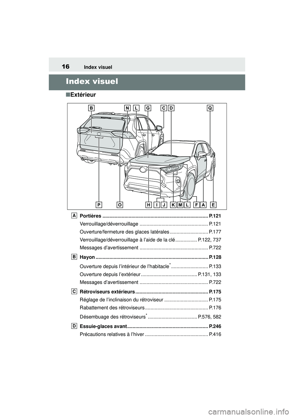 TOYOTA RAV4 2019 Manuel du propriétaire (in French) 16Index visuel
Index visuel
■Extérieur
Portières ............................................................................. P.121
Verrouillage/déverrouillage .................................. TOYOTA RAV4 2019 Manuel du propriétaire (in French) 16Index visuel
Index visuel
■Extérieur
Portières ............................................................................. P.121
Verrouillage/déverrouillage ..................................