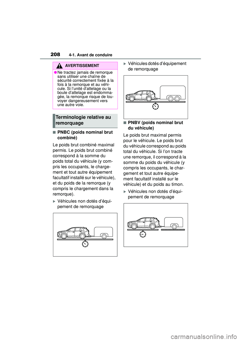 TOYOTA RAV4 2019 Manuel du propriétaire (in French) 2084-1. Avant de conduire
■PNBC (poids nominal brut
combiné)
Le poids brut combiné maximal
permis. Le poids brut combiné
correspond à la somme du
poids total du véhicule (y com-
pris les oc TOYOTA RAV4 2019 Manuel du propriétaire (in French) 2084-1. Avant de conduire
■PNBC (poids nominal brut
combiné)
Le poids brut combiné maximal
permis. Le poids brut combiné
correspond à la somme du
poids total du véhicule (y com-
pris les oc