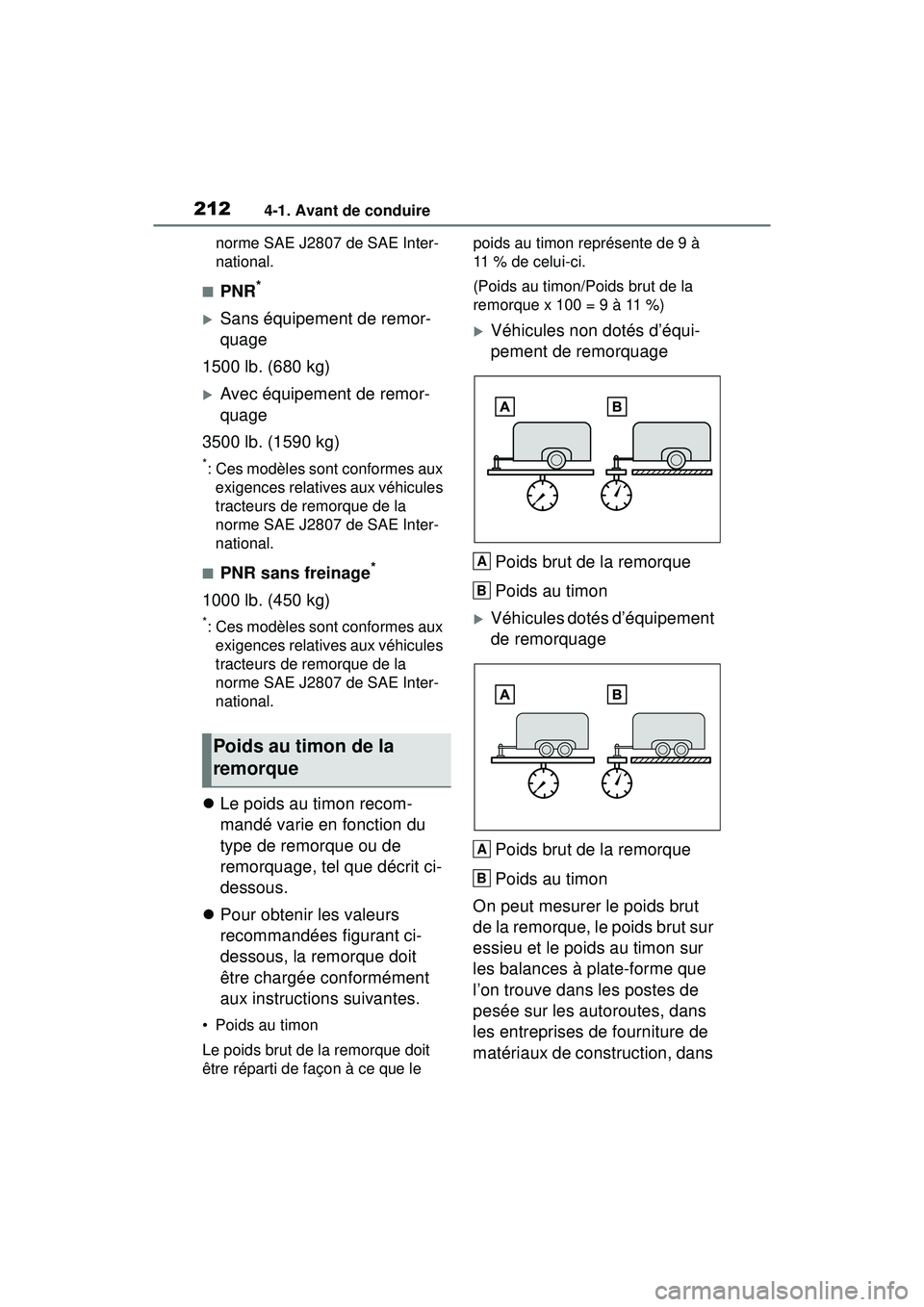 TOYOTA RAV4 2019 Manuel du propriétaire (in French) 2124-1. Avant de conduire
norme SAE J2807 de SAE Inter-
national.
■PNR*
Sans équipement de remor-
quage
1500 lb. (680 kg)
Avec équipement de remor-
quage
3500 lb. (1590 kg)
*: Ces modèles s TOYOTA RAV4 2019 Manuel du propriétaire (in French) 2124-1. Avant de conduire
norme SAE J2807 de SAE Inter-
national.
■PNR*
Sans équipement de remor-
quage
1500 lb. (680 kg)
Avec équipement de remor-
quage
3500 lb. (1590 kg)
*: Ces modèles s