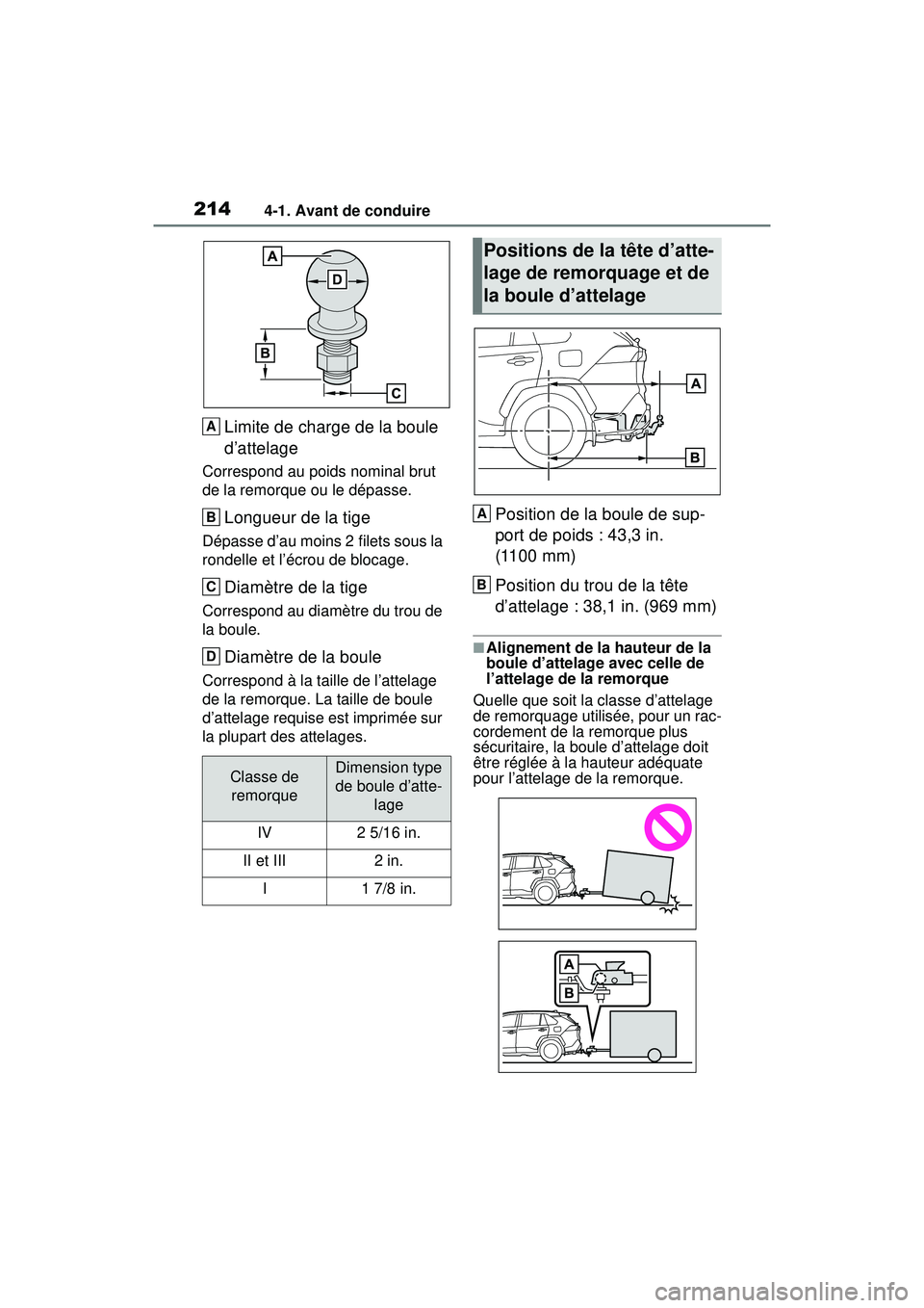 TOYOTA RAV4 2019 Manuel du propriétaire (in French) 2144-1. Avant de conduire
Limite de charge de la boule
d’attelage
Correspond au poids nominal brut
de la remorque ou le dépasse.
Longueur de la tige
Dépasse d’au moins 2 filets sous la
rondel TOYOTA RAV4 2019 Manuel du propriétaire (in French) 2144-1. Avant de conduire
Limite de charge de la boule
d’attelage
Correspond au poids nominal brut
de la remorque ou le dépasse.
Longueur de la tige
Dépasse d’au moins 2 filets sous la
rondel