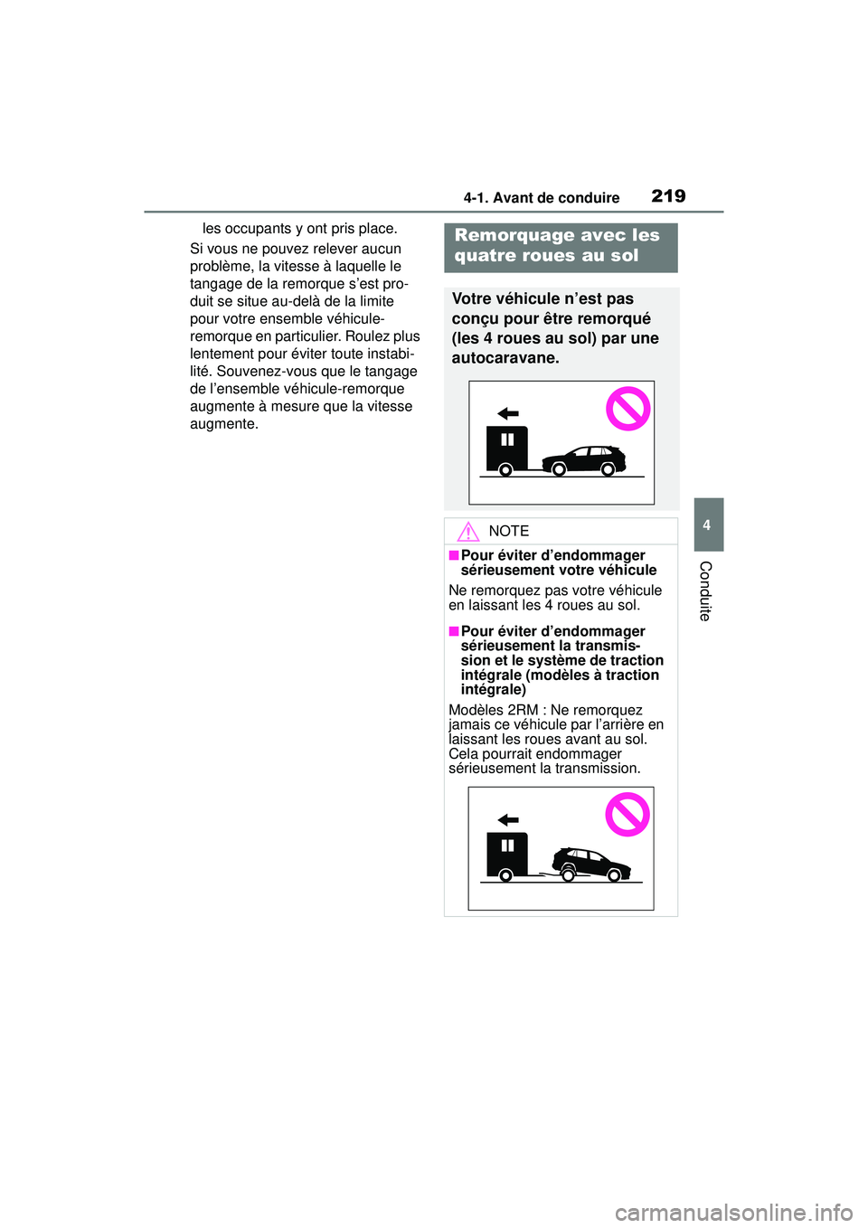 TOYOTA RAV4 2019 Manuel du propriétaire (in French) 2194-1. Avant de conduire
4
Conduite
les occupants y ont pris place.
Si vous ne pouvez relever aucun
problème, la vitesse à laquelle le
tangage de la remorque s’est pro-
duit se situe au-delà d TOYOTA RAV4 2019 Manuel du propriétaire (in French) 2194-1. Avant de conduire
4
Conduite
les occupants y ont pris place.
Si vous ne pouvez relever aucun
problème, la vitesse à laquelle le
tangage de la remorque s’est pro-
duit se situe au-delà d