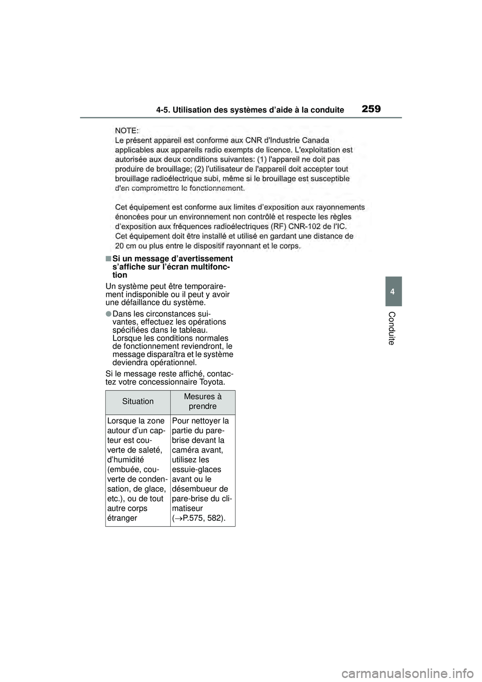 TOYOTA RAV4 2019 Manuel du propriétaire (in French) 2594-5. Utilisation des systèmes d’aide à la conduite
4
Conduite
■Si un message d’avertissement
s’affiche sur l’écran multifonc-
tion
Un système peut être temporaire-
ment indisponible TOYOTA RAV4 2019 Manuel du propriétaire (in French) 2594-5. Utilisation des systèmes d’aide à la conduite
4
Conduite
■Si un message d’avertissement
s’affiche sur l’écran multifonc-
tion
Un système peut être temporaire-
ment indisponible