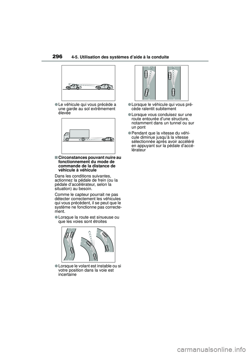 TOYOTA RAV4 2019  Manuel du propriétaire (in French) 2964-5. Utilisation des systèmes d’aide à la conduite
●Le véhicule qui vous précède a 
une garde au sol extrêmement 
élevée
■Circonstances pouvant nuire au 
fonctionnement du mode de 
co