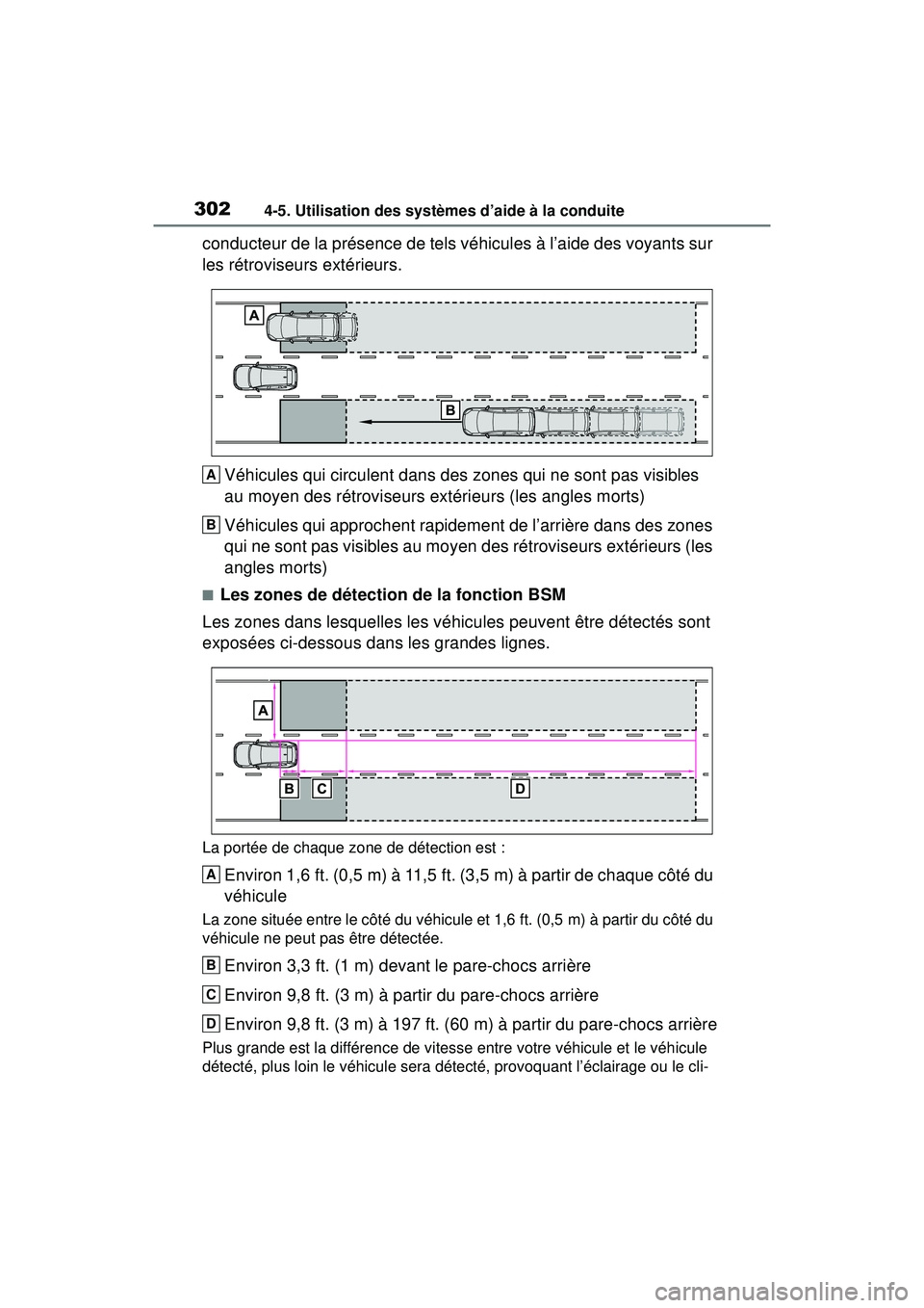 TOYOTA RAV4 2019  Manuel du propriétaire (in French) 3024-5. Utilisation des systèmes d’aide à la conduite
conducteur de la présence de tels véhicules à l’aide des voyants sur 
les rétroviseurs extérieurs.Véhicules qui circulent dans des zon