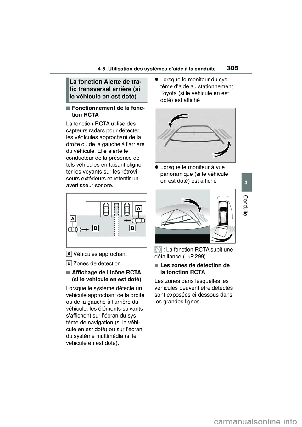TOYOTA RAV4 2019  Manuel du propriétaire (in French) 3054-5. Utilisation des systèmes d’aide à la conduite
4
Conduite
■Fonctionnement de la fonc-
tion RCTA
La fonction RCTA utilise des 
capteurs radars pour détecter 
les véhicules approchant de 