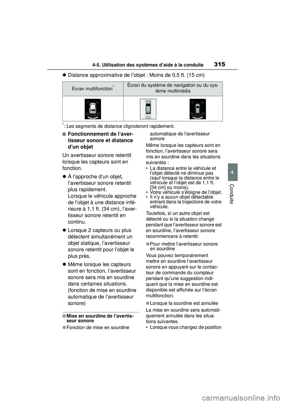 TOYOTA RAV4 2019  Manuel du propriétaire (in French) 3154-5. Utilisation des systèmes d’aide à la conduite
4
Conduite
Distance approximative de l’objet : Moins de 0,5 ft. (15 cm)
*: Les segments de distance clignoteront rapidement.
■Fonctionn